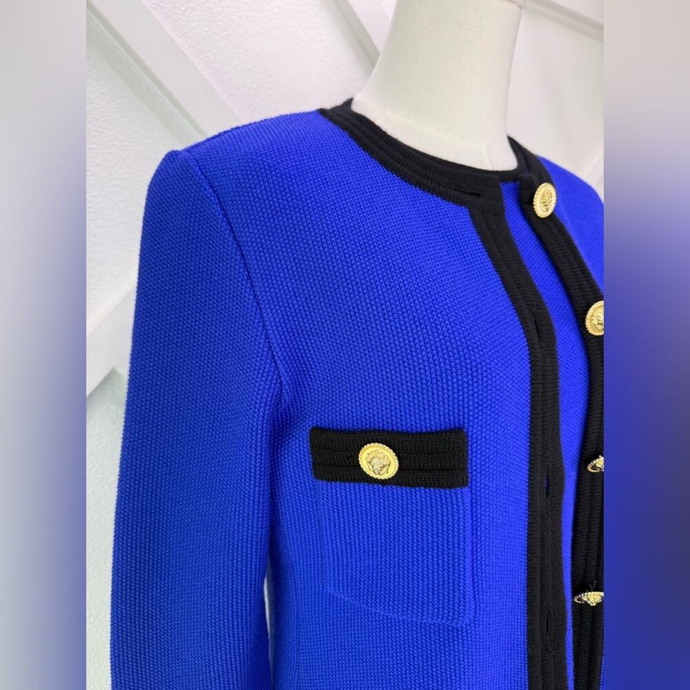 Vintage Worldly Things Styltricot Wool Sweater Jacket Blue Gold Lion Buttons 8 - Picture 3 of 14